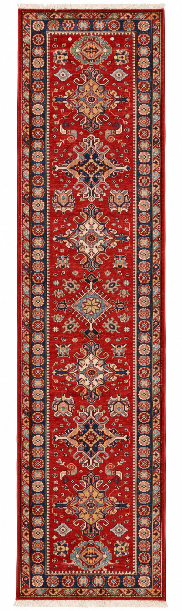 Kazak hand-knotted wool runner, 2.6 × 10.3 ft