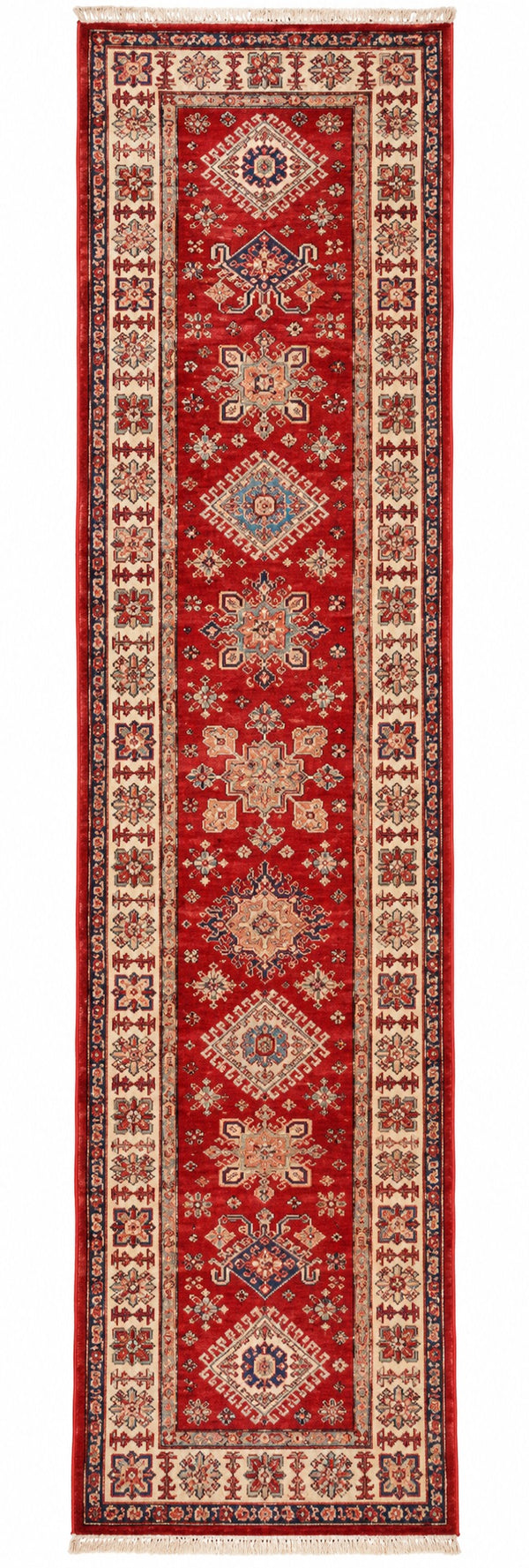 Kazak hand-knotted wool runner, 2.6 × 10.4 ft