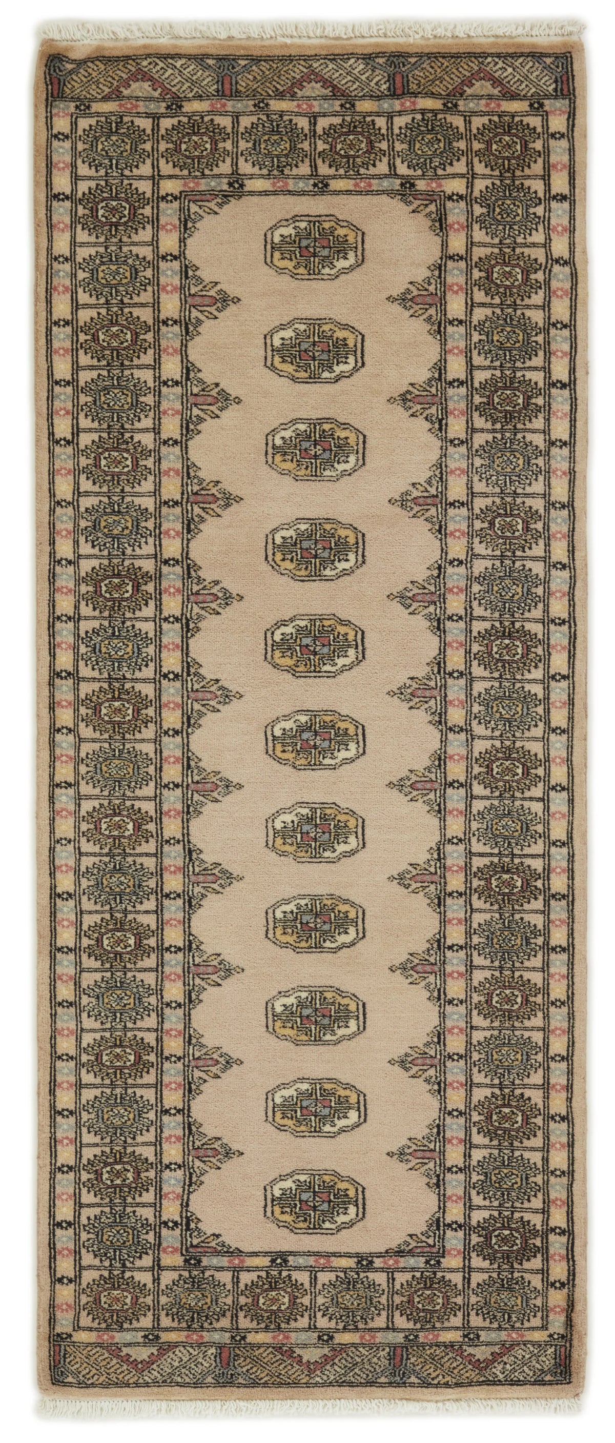 Bokhara Gul three-ply hand-knotted wool runner, 2.7 × 6.4 ft