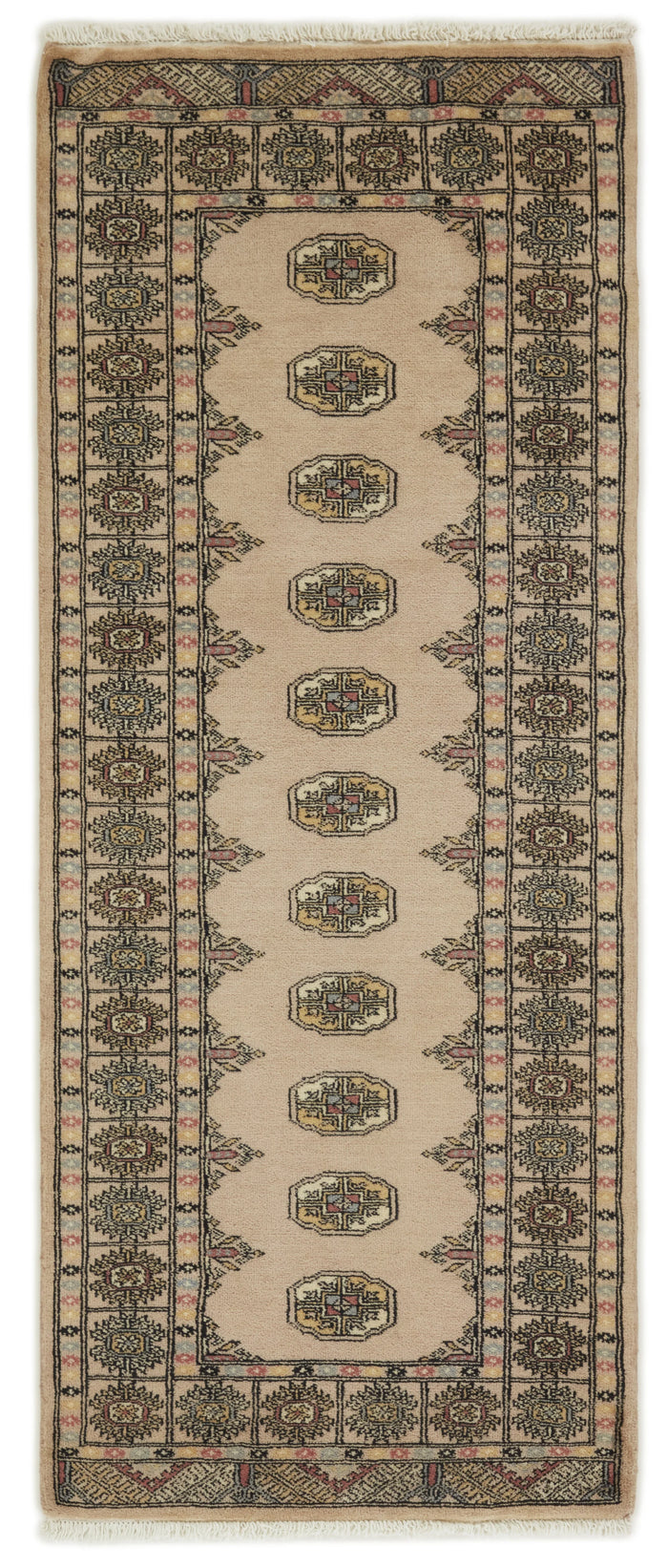 Bokhara Gul three-ply hand-knotted wool runner, 2.7 × 6.4 ft