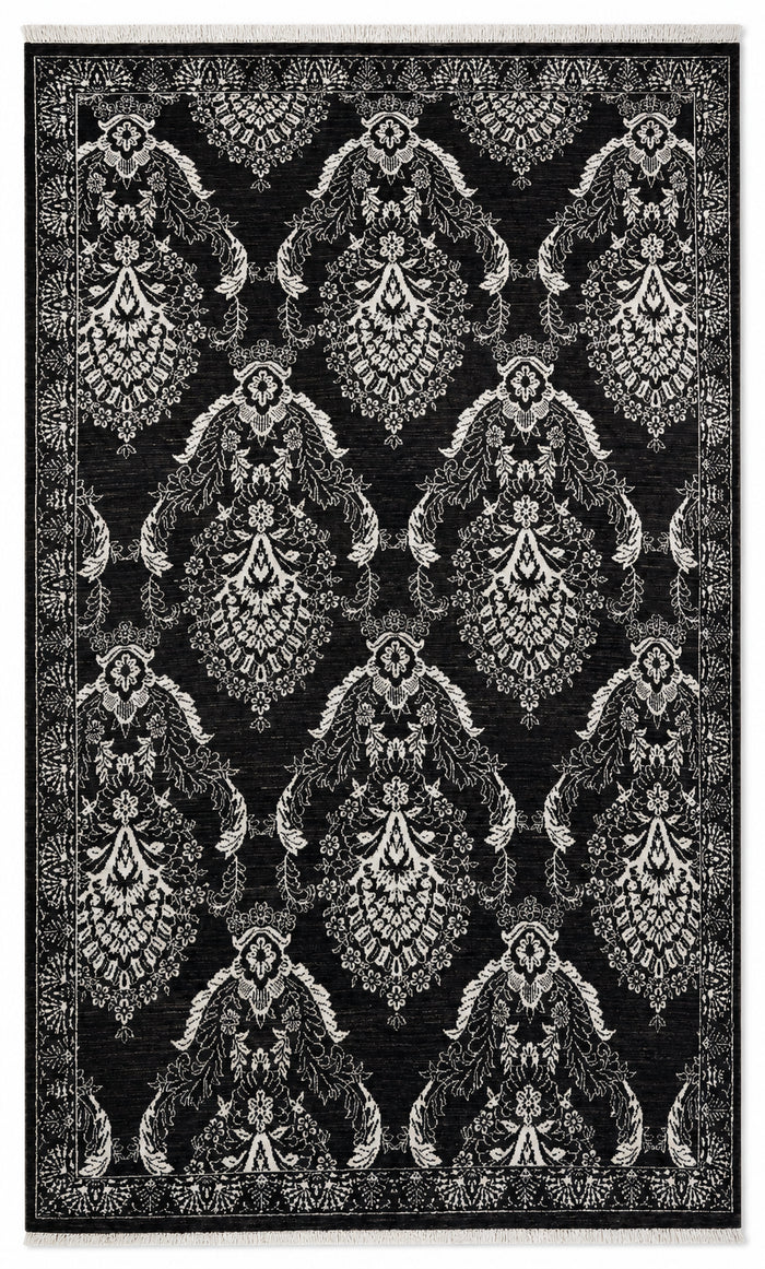 Damask hand-knotted silk rug, 5 × 8.3 ft