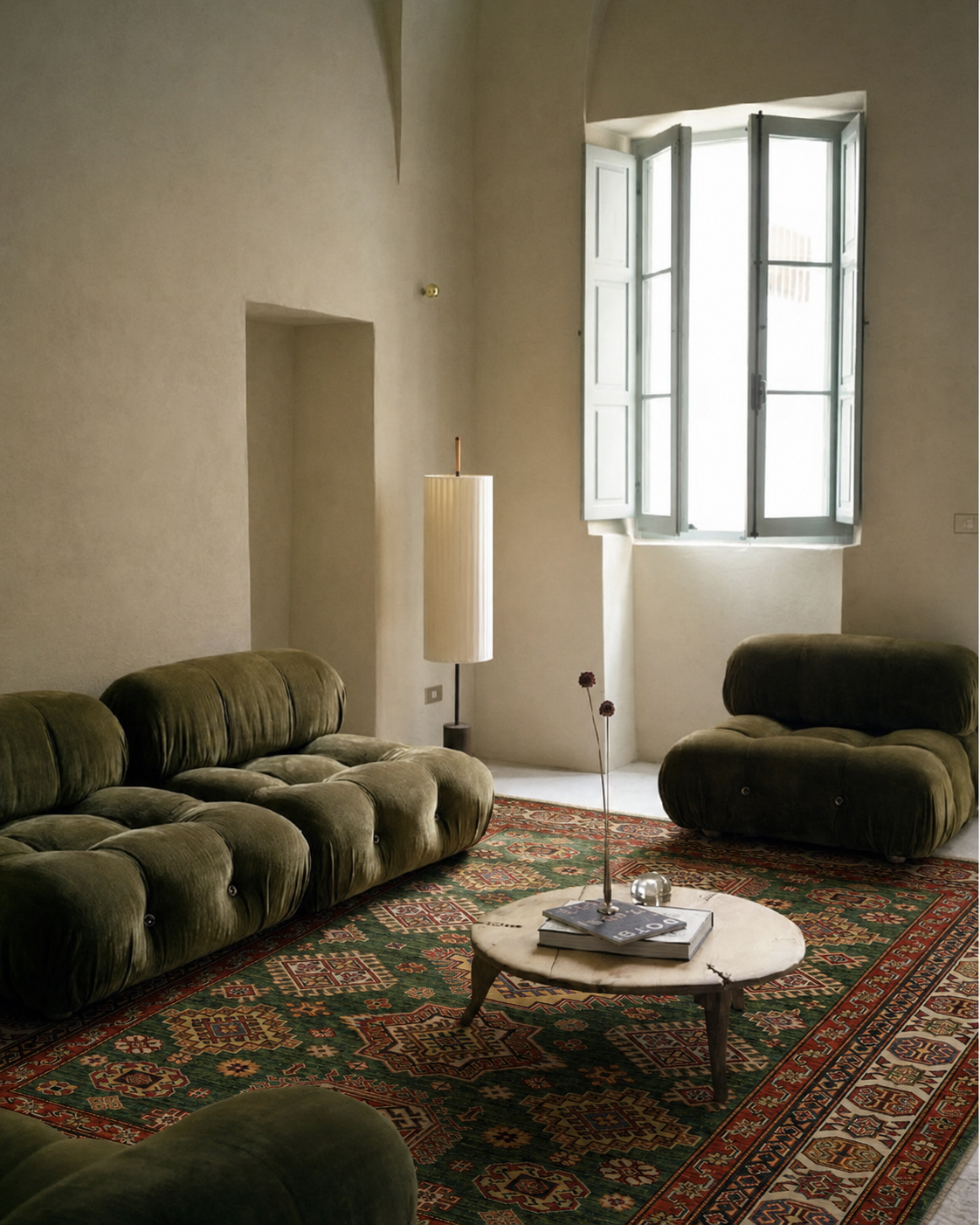 Loomish Kazak rug, photographed in a room