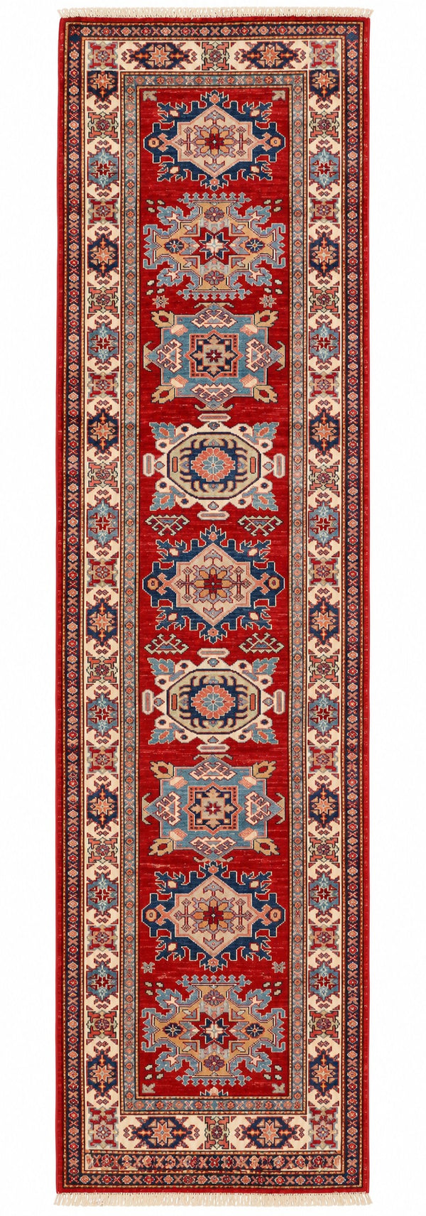 Kazak hand-knotted wool runner, 2.6 × 9.8 ft