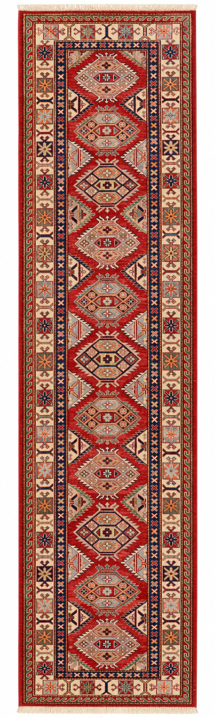 Kazak hand-knotted wool runner, 2.6 × 10.2 ft