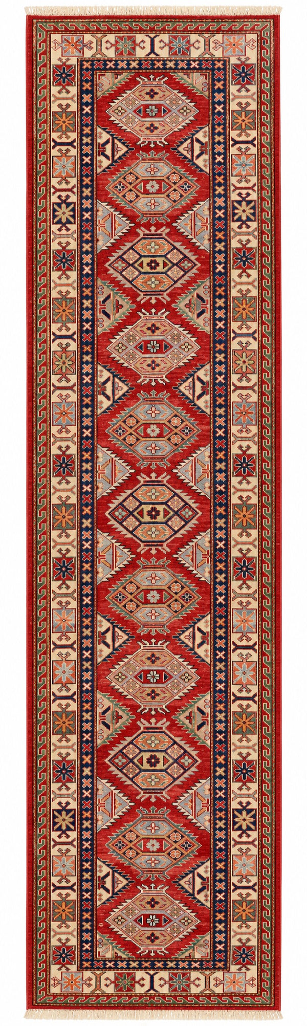 Kazak hand-knotted wool runner, 2.6 × 10.2 ft