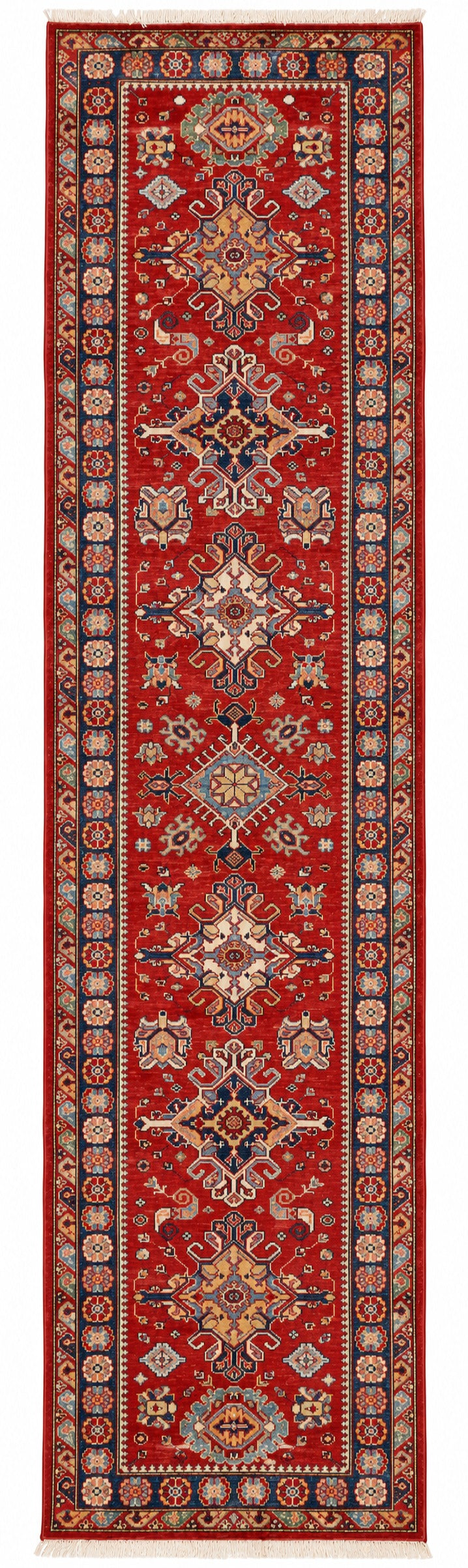 Kazak hand-knotted wool runner, 2.6 × 10.3 ft