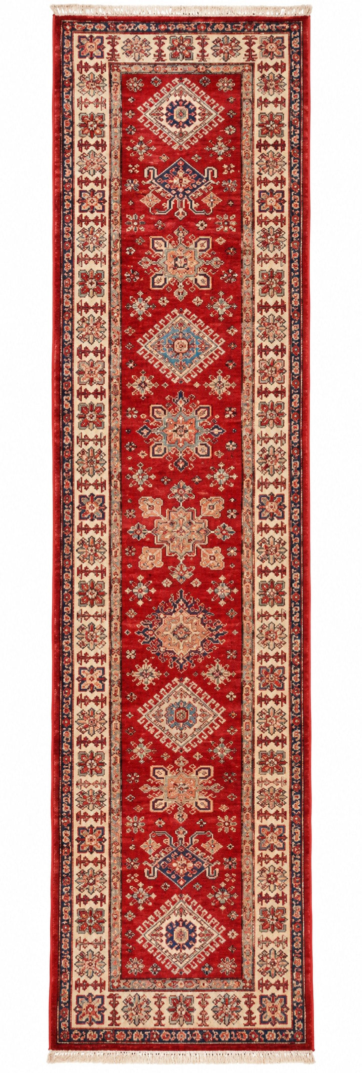 Kazak hand-knotted wool runner, 2.6 × 10.4 ft