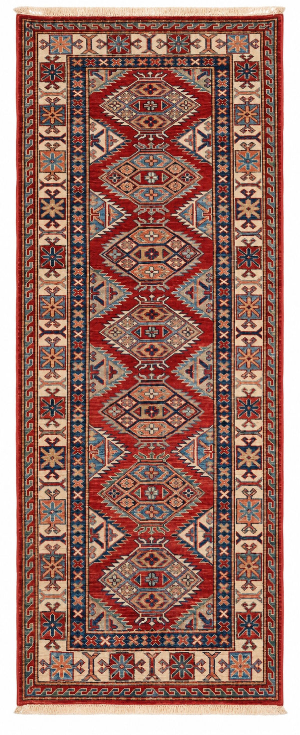 Kazak hand-knotted wool runner, 2.7 × 7 ft